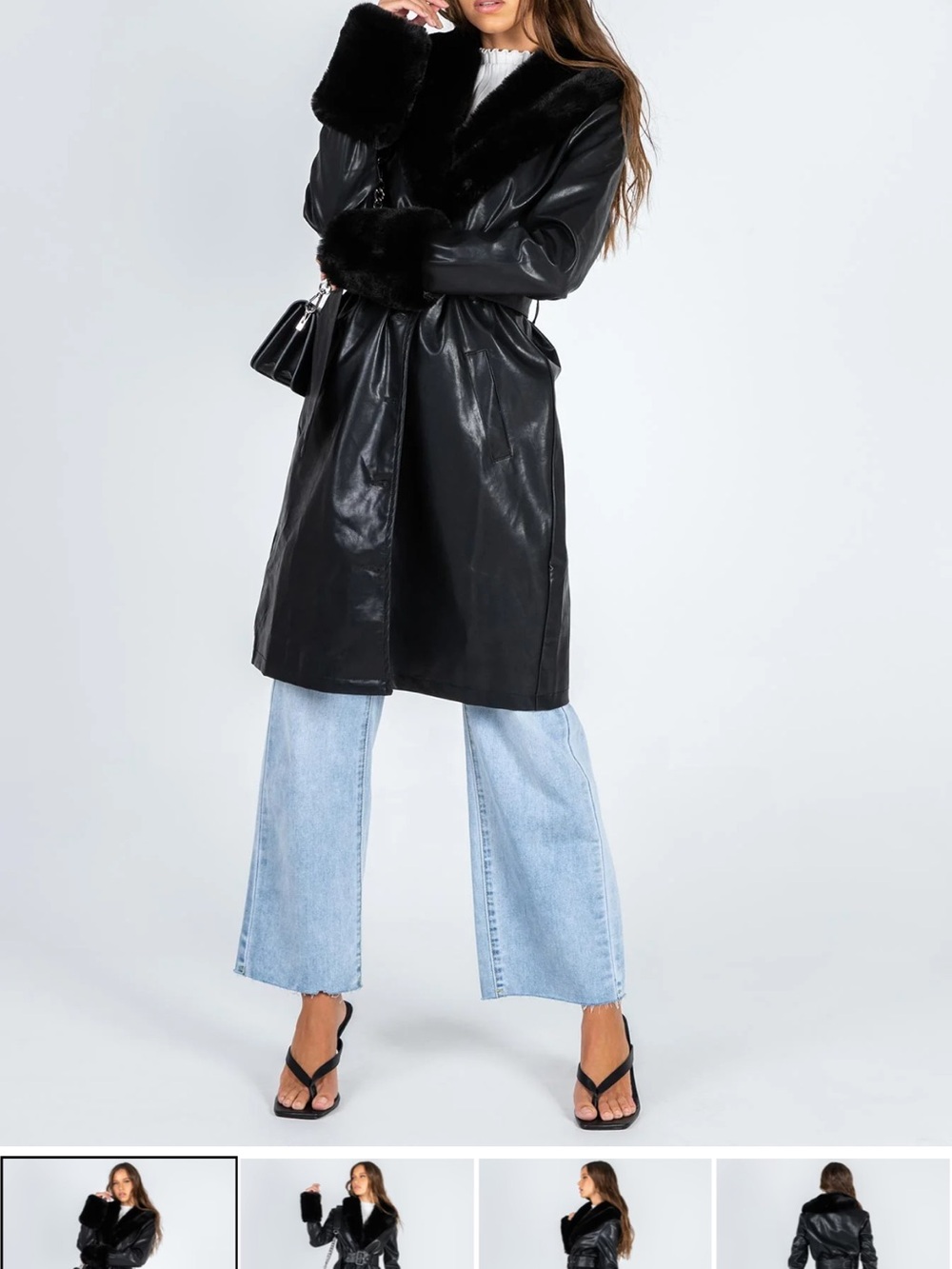 Princess Polly Black Faux Leather Trench Coat with Faux Fur Trim